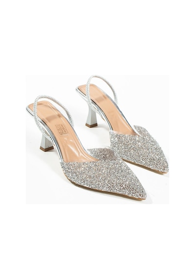 Duxal Shoes London Cam Kırıntıları Detay Arkası Açık Topuklu Ayakkabı GÜMÜŞ