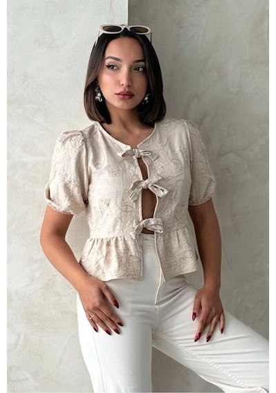Verymoda Önden Bağlamalı Nakışlı Bluz D2788 Taş