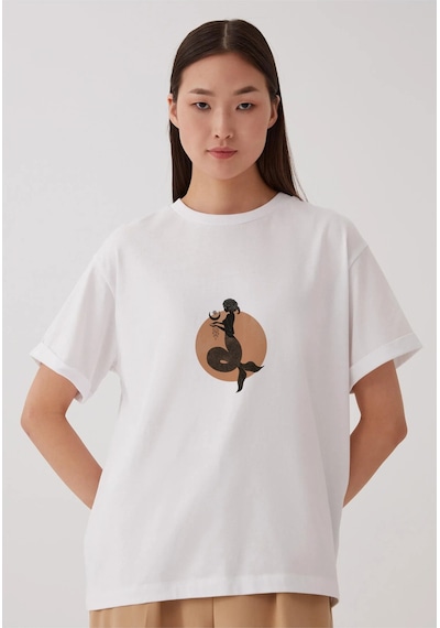 Noıssey Oğlak Burcu Tasarımlı Baskılı - Oversize Beyaz T-shirt Çok Renkli