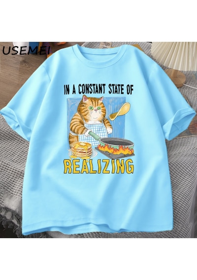 Flood Of Style Kedi Gerçekleştirerek Sabit Bir Devlet T Shirt Erkekler Kadınlar Komik Kedi Pişirme T-shirt K Mavi
