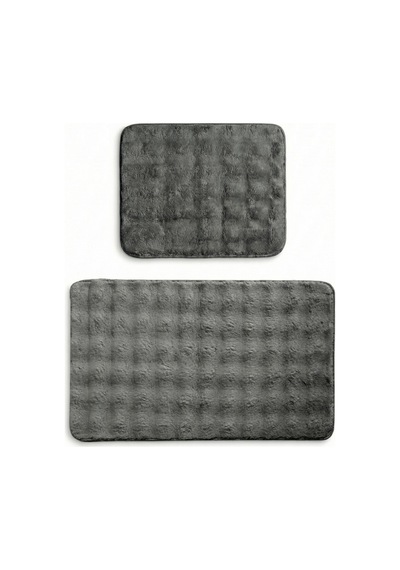 2 Li Peluş Bubble Banyo Paspas Seti 60x100+50x60 Cm Kaymaz Lateks Taban, Yumuşak Yüzey, Yıkanabilir Antrasit
