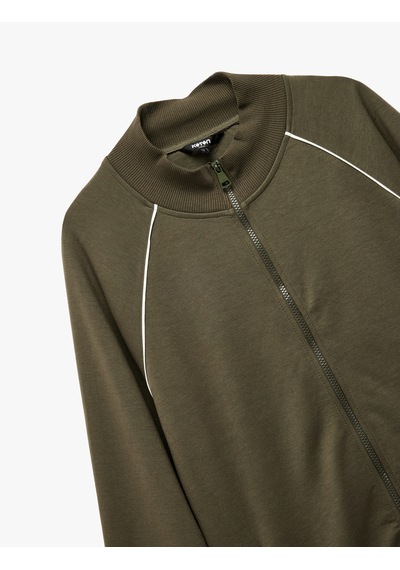 Koton Uzun Kollu Çizgi Detaylı Cepli Pamuklu Dik Yaka Fermuarlı Sweatshirt Haki 6wam70088mk
