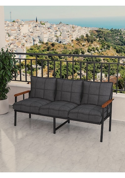 Modern Balkon, Bahçe, Cafe, Metal Koltuk, Kanepe Üçlü - Koyu Gri Koyu Gri