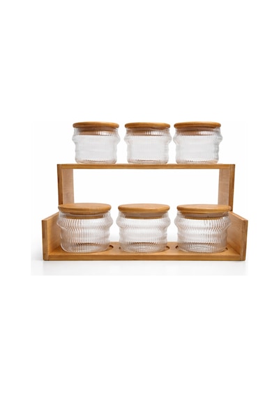 6 Lı Baharatlık 8x8 Cm Seti Ahşap Standlı Kapaklı Cam Kavanoz Seti Mutfak Düzenleyici & Kahve Baharat Organizer Şeffaf