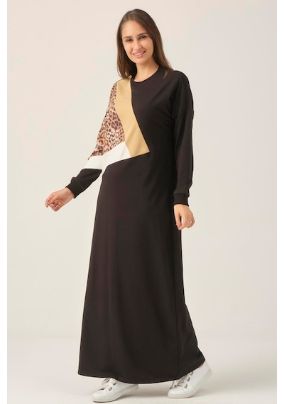 Siyah Leopar Detaylı Maxi Boy Elbise Dm400