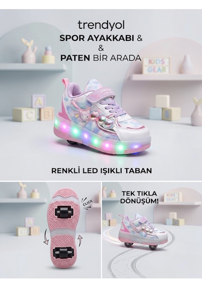 Enoch Çocuk Patenli Işıklı Tekerlekli Spor Ayakkabı & Rahat Cırt Cırtlı Kaykay Ayakkabı 4 Tekerli Sneaker Lila - Beyaz Enoch Çocuk Patenli Işıklı Tekerlekli Spor Ayakkabı & Rahat Cırt Cırtlı Kaykay Ayakkabı 4 Tekerli Sneaker Lila - Beyaz
