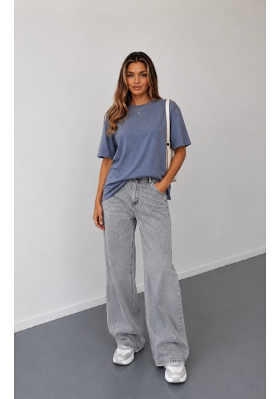 Stilera Kadın Oversize Basic Kısa Kollu Bisiklet Yaka Düz Tişört Gri