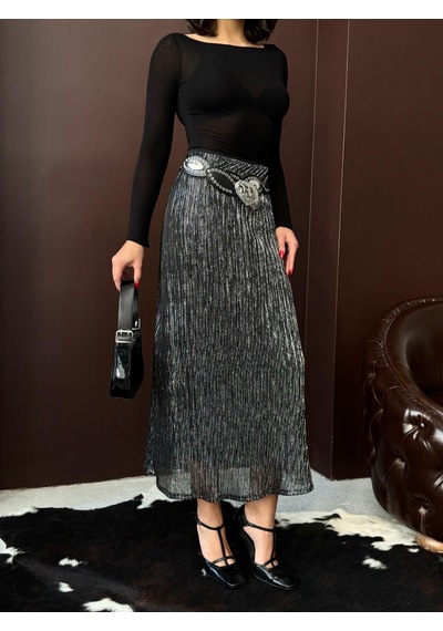 Verymoda Simli Pliseli Etek F2067 Siyah Gümüş