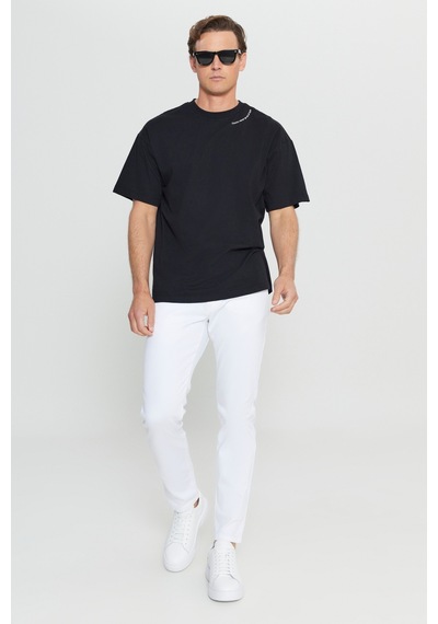 AC&Co / Altınyıldız Classics Erkek Sıyah %100 Pamuk Oversize Fit Rahat Kesim Bisiklet Yaka Baskılı Tişört Siyah