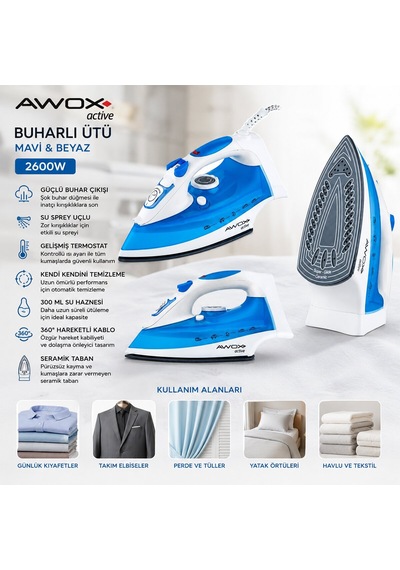 Awox Active Buharlı Ütü 2600w 360 Hareketli Kablo Mavi Beyaz Seramik Taban Buhar Ayarlama