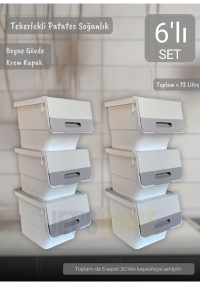 6'lı Krem Beyaz Tekerlekli Sebzelik Patates Soğan Sepeti Organizer Kutu Soğanlık Patateslik 72 L Krem-beyaz