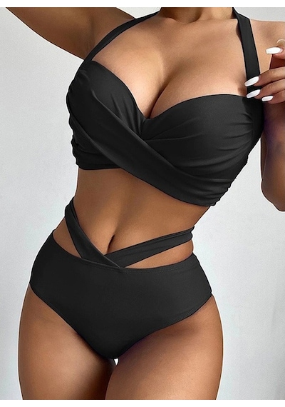 Özel Tasarım Detseksiz Kaplı Çapraz Siyah Bikini Takım (551645689)