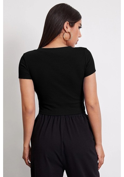 Kadın Siyah Yuvarlak Yaka Yarım Kol Crop Top Bluz