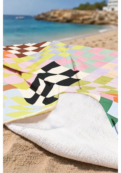 Damalı Geometrik Retro Plaj Havlusu - Renkli Modern Patchwork Hızlı Kuruyan Mikrofiber Havlu Eski Akasya