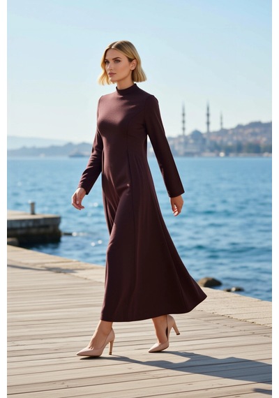 Benerly Kadın Maxi Boy Bisiklet Yaka Uzun Kollu Modal Dokuma Elbise Astar Bordo