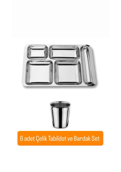 12 Parça Piknik Kahvaltılık Çelik Tabildot Set 6 Adet Tabldot ,6 Adet Bardak gümüş