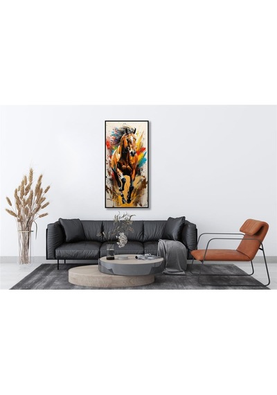 Yağlı Boya Dokulu Tablo Koşan Modern At Siyah Çerçeveli U04035-178949