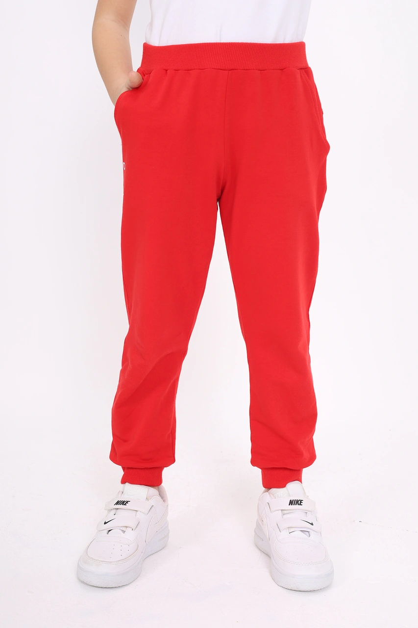 Kız Çocuk Baskılı Beli Paçası Ribanalı Cepli Basic Jogger Eşofman Altı 2 İplik Kırmızı