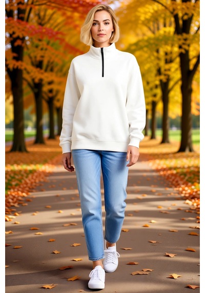 Ersefa Kadın Dik Yaka Yarım Fermuarlı Üç İplik Sweatshirt Bol Kalıp Düşü beyaz