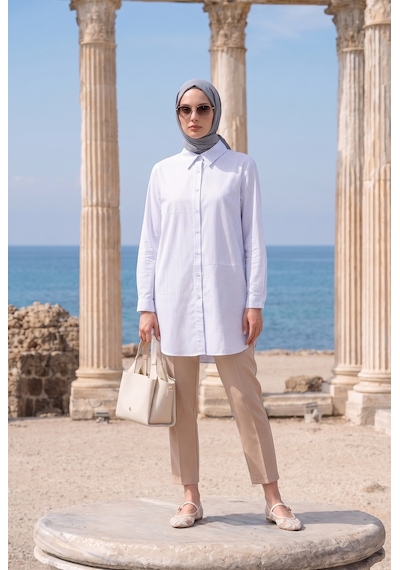 Armine Trend Çizgili Asimetrik Blok Detaylı Düğmeli Uzun Kollu Oversize Gömlek Tunik 90 Cm Boy Mavi 26yt490
