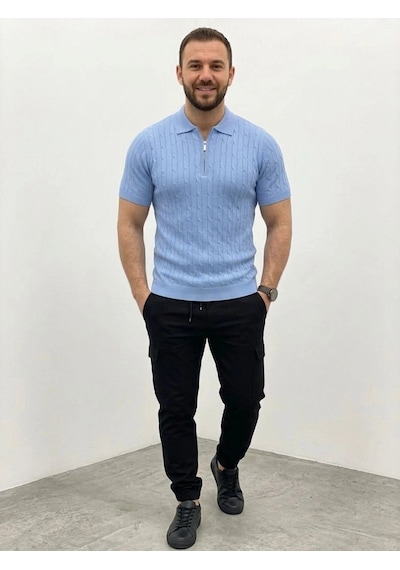 Erkek Yazlık Triko Saç Örgü Tişört Kısa Kol Polo Yaka Fermuarlı T-shirt - Bebe Mavisi Çok Renkli