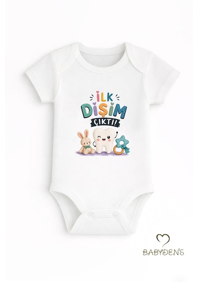 Babyden's Diş Buğdayı Body %100 Pamuk İlk Dişim Çıktı Baskılı Bebek Kısa Kollu Body Çıtçıtlı Unisex Yenidoğan Zıbın Beyaz