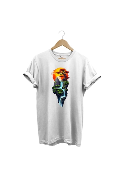 Manzara Ağaç Güneş Dağ Ve Nehir Baskılı %100 Pamuk Regular Fit Bisiklet Yaka Beyaz T-shirt Beyaz