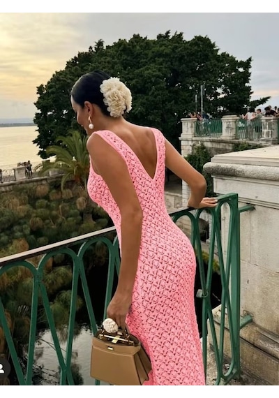 Buğrahayalin Kadın Askılı V Yakalı Uzun Triko Elbise Pembe
