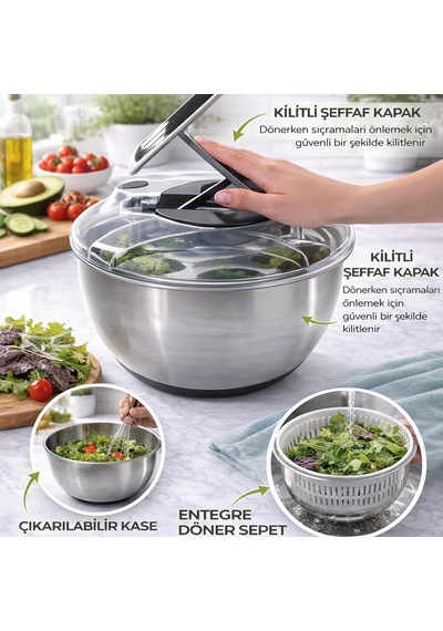 Paslanmaz Çelik Salata Kurutucu Salad Spinner Kapaklı Süzgeç Sepetli, Kaymaz Taban, Hızlı K Kahverengi