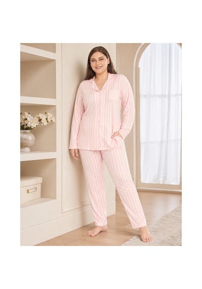 Alperi Büyük Beden Kadın Boydan Düğmeli Çizgili Mevsimlik Pijama Takım B790-45 Pembe