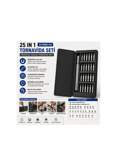 25 Parça Hassas Tornavida Seti 24 Farklı Uçlu Mıknatıslı Mini Tornavida Tamir Takımı Özel Kutulu - 899505986