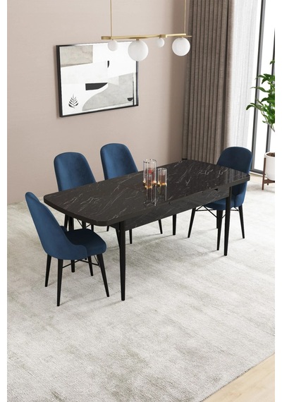 Sar Pakete Almira Serisi, Siyah Mermer Desen 80x132 Açılabilir Mdf Mutfak Masası Takımı 4 Adet Sandalye Lacivert Sar Pakete Almira Serisi, Siyah Mermer Desen 80x132 Açılabilir Mdf Mutfak Masası Takımı 4 Adet Sandalye Lacivert