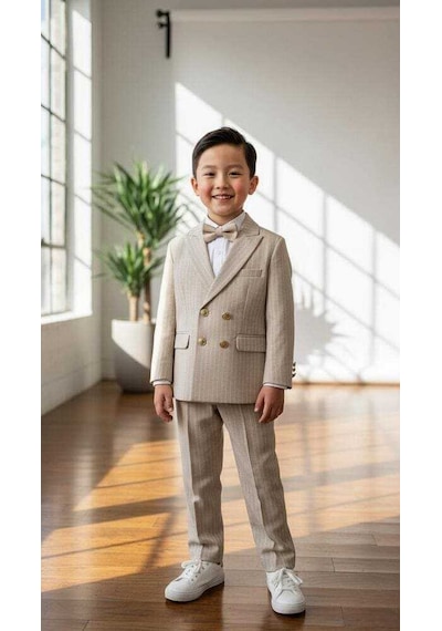 Bys Beystil Sivri Yaka Krem Çizgili Çocuk Kruvaze Elbise - Slim Fit Bej