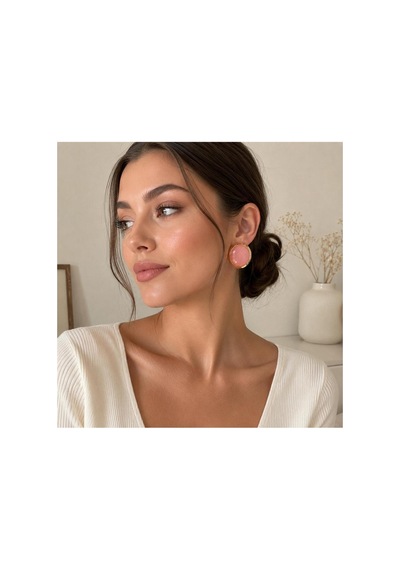 Gold Çerçeveli Pembe Bombeli Taşlı Büyük Boy Stud Küpe Pembe - 886706113 Pembe - 886706113 Pembe