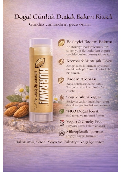 Hurraw Almond & Moon Dudak Balmı 2 Li Set %100 Doğal, Vegan, Gece & Günlük Bakım