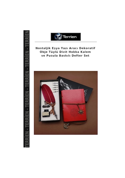 Nostaljik Eşya Yazı Aracı Dekoratif Obje Tüylü Divit Hokka Kalem Ve Pusula Baskılı Defter Set Çok Renkli