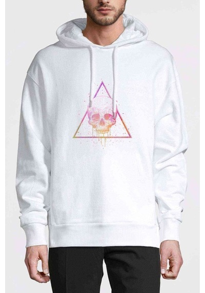 Skull Triangle Pena Kurukafa Baskılı Beyaz Erkek Kapşonlu Sweat