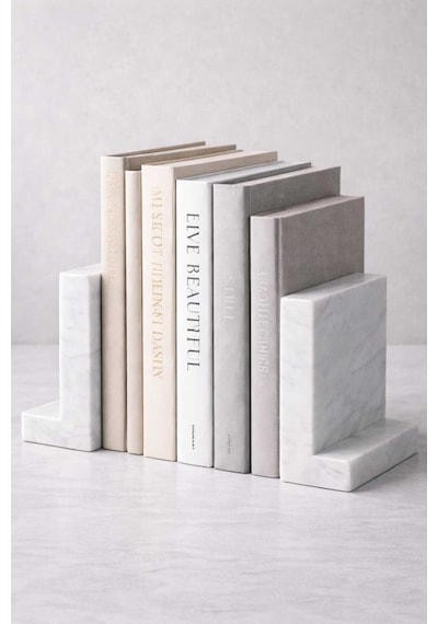 Masif Beyaz Mermer Kitap Tutucu 2 Li Set - Minimal L Tip Dekoratif Bookend Ofis & Salon Raf Aksesuaı