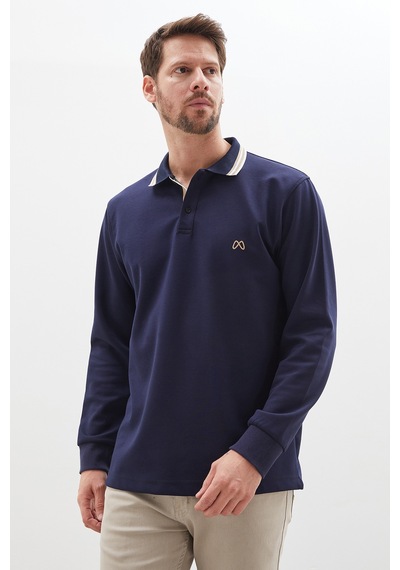 Fullamoda Nakışlı Yarım Düğmeli Polo Yaka Modal Sweatshirt Lacivert