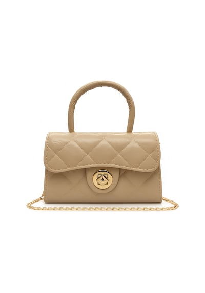 Satuna Parlak Kapitone Mini Çanta Astar Detaylı Zincir Askılı Kadın El Ve Omuz Çantası 19x12 Cm Vizon