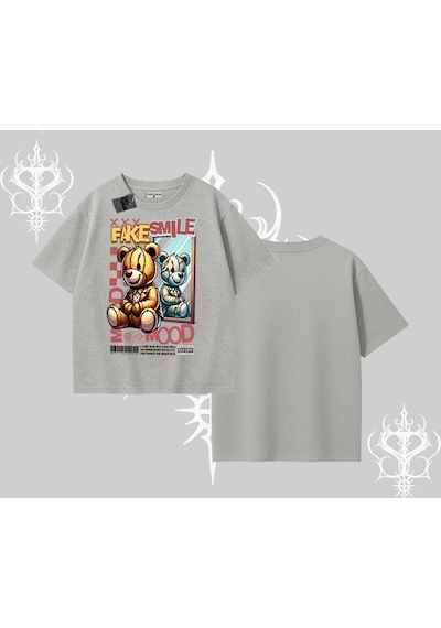 Startmore Startmore Oversize Tshirt Fake Smile Mood Ayıcık Grafik Baskılı Gri