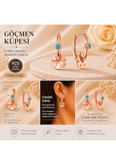 Afrodit Silver Turkuaz Taşlı Şans Yoncası 925 Ayar Gümüş Rose Kaplama Göçmen Küpesi