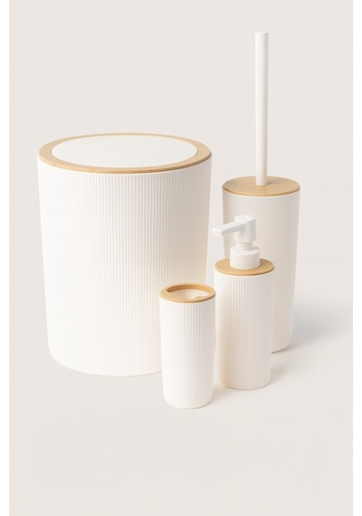 Arvale Quardi Banyo Seti Modern Çizgili - 7 Litre Kova 4 Parça Banyo Çöp Kovası Seti Beyaz