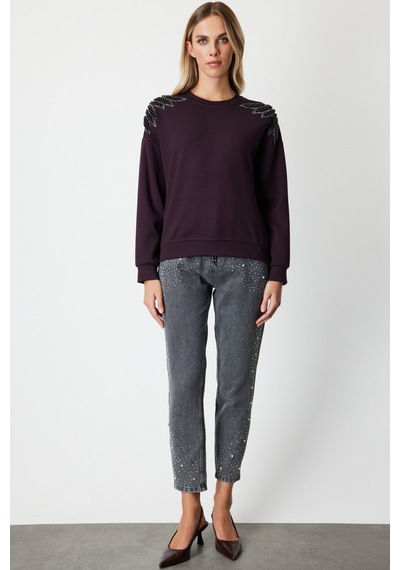 On Kadın Omuzları İncili Sweat 66338 Bordo Bordo