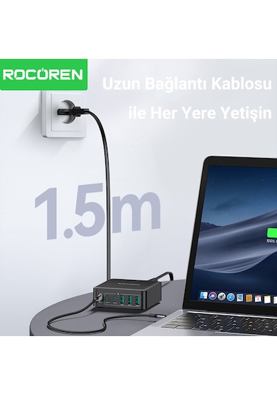 Rocoren 160w 3 Type-c Ve 3 Usb-a 6 Portlu Şarj Cihazı Laptop Uyumlu Gan Masaüstü Şarj İstasyonu