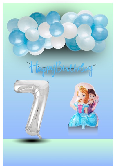 7 Yaş Frozen Tema İkili Prenses Folyo Balon Mavi Beyaz Balon Gümüş Rakam Mavi Banner Doğum Günü Seti Çok Renkli