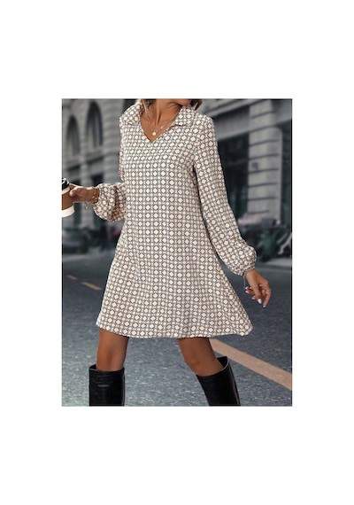 Butik İstanbul Kadın Uzun Kollu Yakalı Desenli Mini Modal Elbise Bej