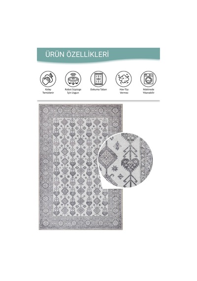 Artloop Stonart Eskitme Vintage Desenli Bej/gri Otantik Yıkanabilir Şönil Halı Al 448 Bej-gri 2
