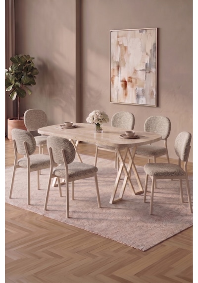 Hooli 90x168 Traverten Mdf Masa, Metal X Ayak, Metal Sandalye, 6 Kişilik Mutfak Masası Takımı Ve Yemek Masası Takımı Krem