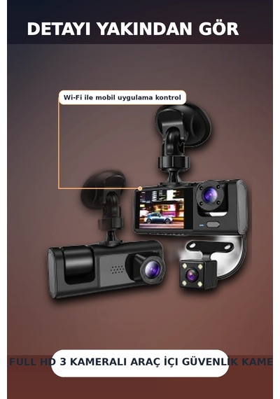 1080p Full Hd 3 Kameralı Wi-fi Destekli Araç İçi Yol Kayıt Kamerası 170 Derece Geniş Açı